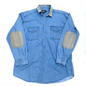 Vintage Woolrich Light Blue Denim Shirt with Elbow Patches Men's Size Large Work